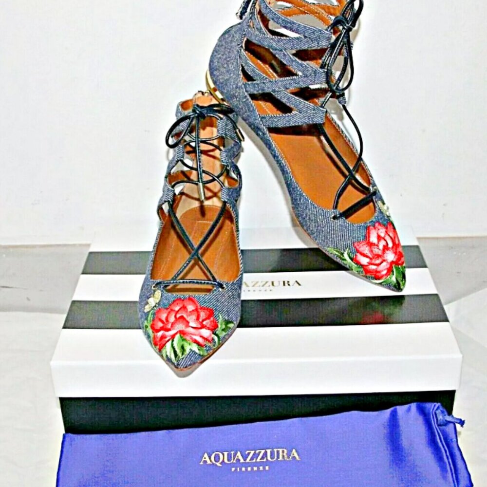 Aquazzura AUTHENTIC Belgravia Lotus lace-up denim point-toe flats US 6 /36 $795